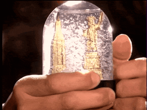 a person is holding a snow globe with a statue of liberty inside of it