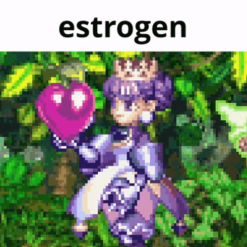 a pixel art of a girl with a crown holding a heart and the word estrogen above her