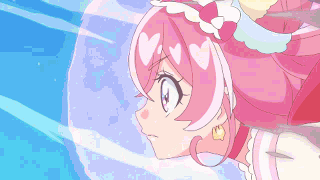 a girl with pink hair and hearts on her head is floating in the air
