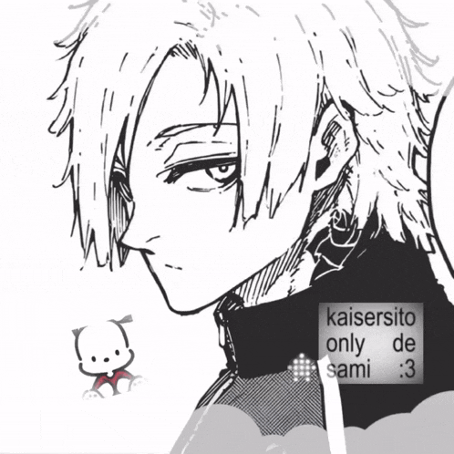 a black and white drawing of a man with kaisersito only desami written on the bottom
