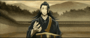 a man with long hair and a ponytail is giving the middle finger