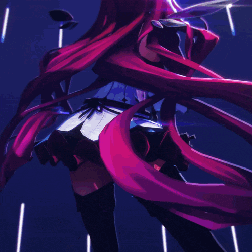 a woman with long red hair is standing in a dark room with purple lights