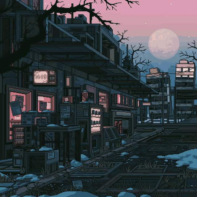 a pixel art drawing of a city with a clock that says 14:14