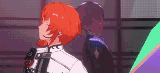 two anime characters are standing next to each other in a room .