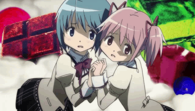 two anime girls are holding hands in front of a brick