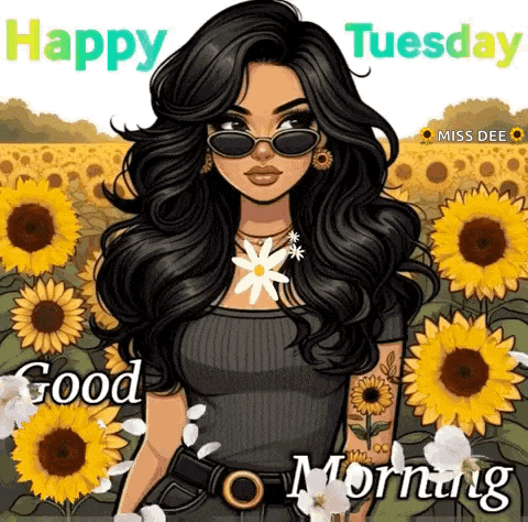 a woman wearing sunglasses is standing in front of a field of sunflowers and says `` happy tuesday good morning '' .
