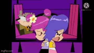 a couple of cartoon characters are sitting next to each other on a couch .