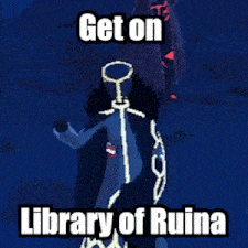a drawing of a person with a sword and the words get on library of ruina