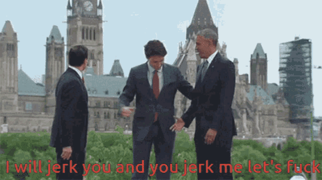 a man in a suit says " i will jerk you and you jerk me let 's fuck " while shaking hands