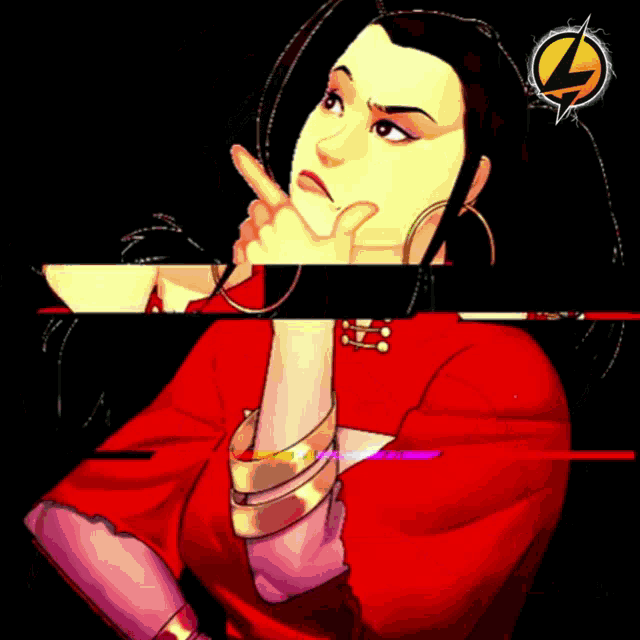 a cartoon of a woman in a red shirt with a yellow lightning bolt in the background