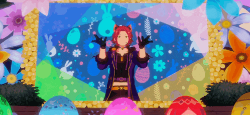 a man in a purple jacket is standing in front of a picture frame with flowers and easter eggs