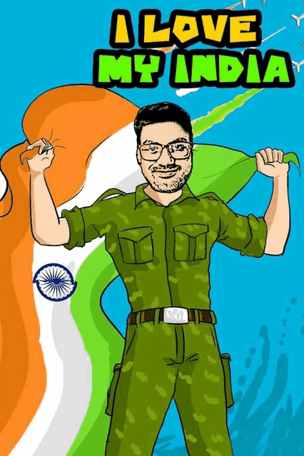 a cartoon of a man in a military uniform with the words " i love my india " below him