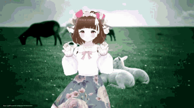 a girl in a floral skirt stands in a field with sheep