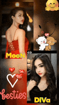 a woman in a red dress with the words moon besties diva