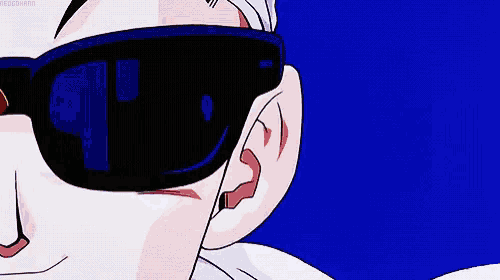 a close up of a person wearing sunglasses on a blue background