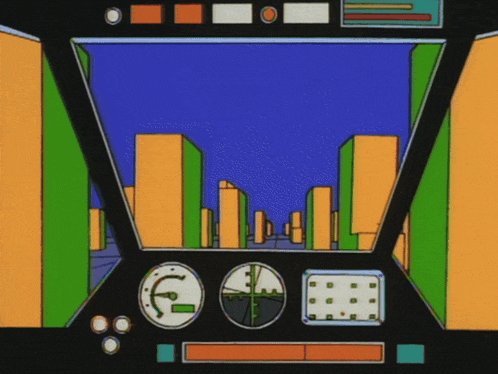 a cartoon drawing of a city with a compass and a clock