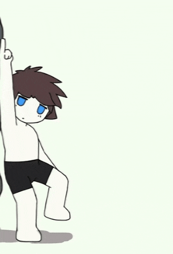 a cartoon drawing of a boy with brown hair and blue eyes standing next to a wall