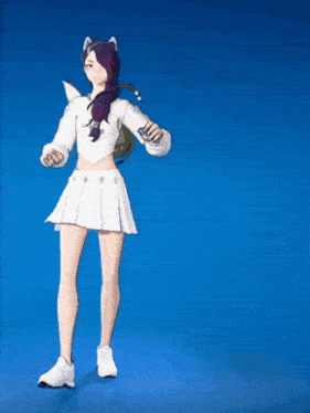 a girl with purple hair wearing a white top and white skirt is dancing