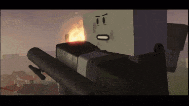 a cartoon character is holding a gun with a face that says ' o ' on it