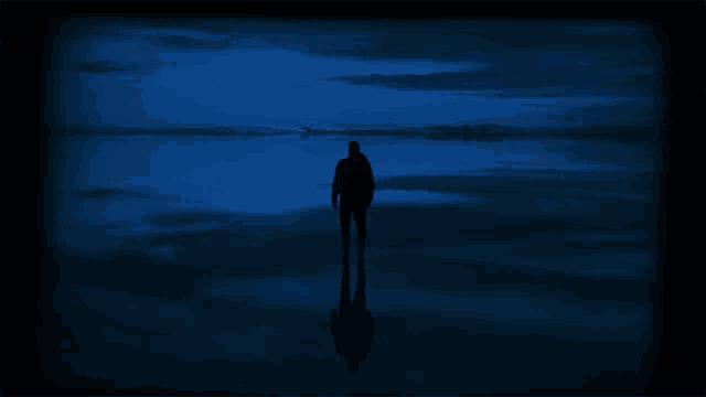 a silhouette of a person standing on a body of water at night