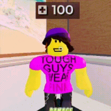a yellow roblox character wearing a pink shirt and a purple hat .