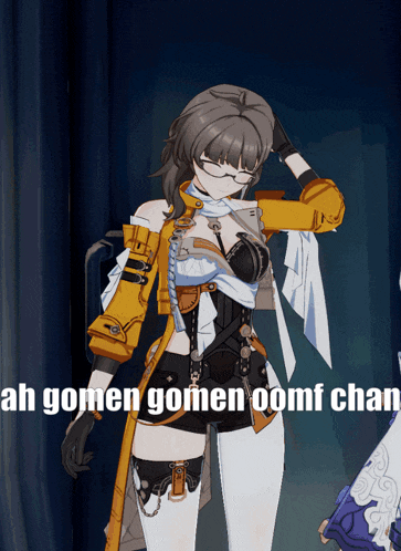 a cartoon character with the words ah gomen gomen oomf chan behind her