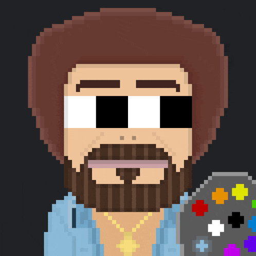 a pixel art of a man with a beard and sunglasses holding a controller