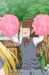 a girl in a school uniform is holding pink pom poms in her hand .