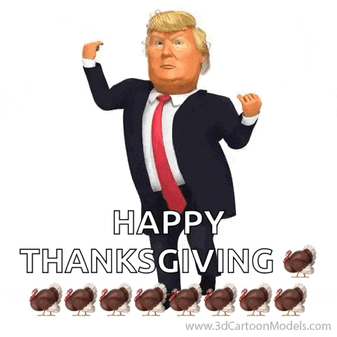 a cartoon of donald trump running in front of a row of turkeys and saying happy thanksgiving .