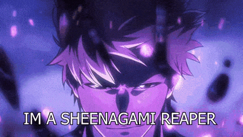a purple anime character with the words `` i 'm a sheenagami reaper '' written on the bottom .