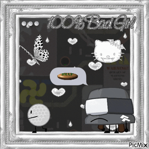 a picture of hello kitty and a golf ball with the words 100 % bad girl on top