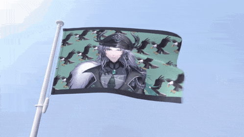 a flag with a picture of a man with birds on it