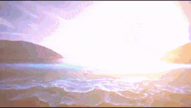 a painting of a beach with the sun shining on the water