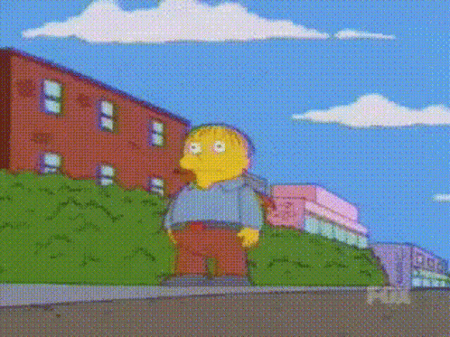 a cartoon character named ralph from the simpsons is standing in front of a building