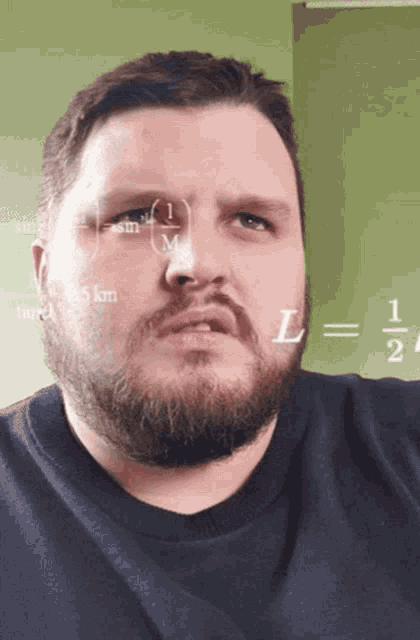 a man with a beard is looking at the camera with math equations behind him