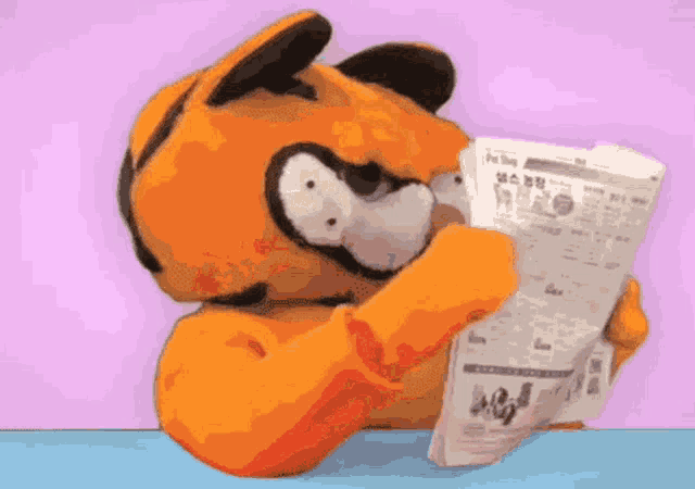 a stuffed garfield is reading a newspaper with a pink background