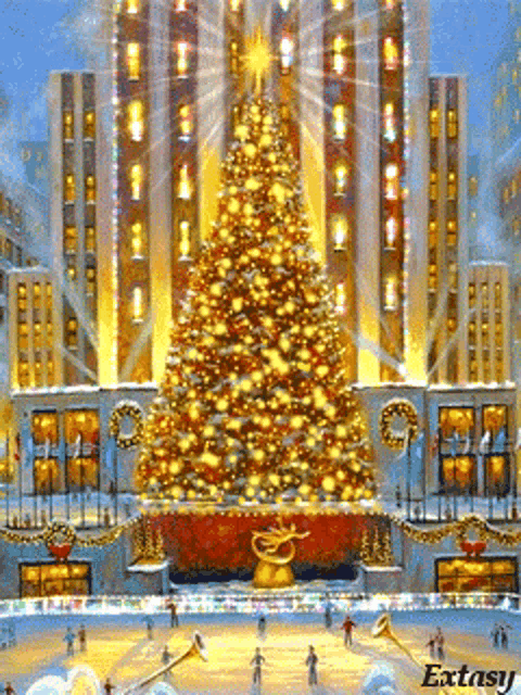 a painting of a christmas tree in front of a building with the word extasy on the bottom
