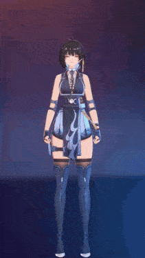 a girl with black hair is wearing a blue dress and gloves