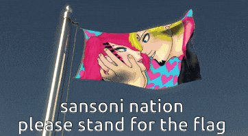 sansoni nation please stand for the flag with a picture of a man and woman