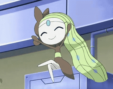 a cartoon character with long green hair is smiling and sitting on a blue box .