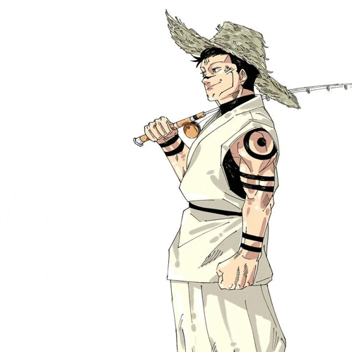 a man in a straw hat holds a fishing rod