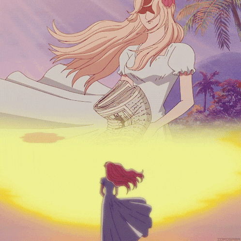 a woman in a white dress is holding a book in front of a palm tree and the word zorosama is on the bottom