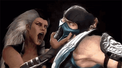 a woman is yelling at a man in a blue mask