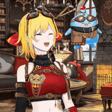 a girl in a red top is smiling in a room with a stuffed animal in the background