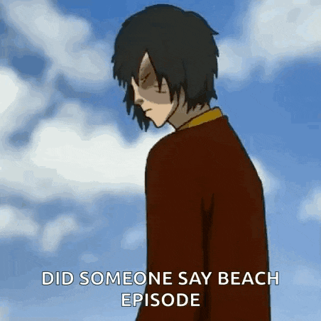 a cartoon of a man standing in front of a blue sky with the words `` did someone say beach episode '' written on it .