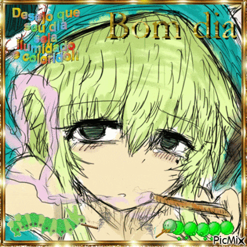 a drawing of a girl with green hair smoking a cigarette with the words desejo que seu dia seja colorido