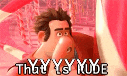a cartoon character from wreck it ralph is laying on a bed with the words `` that 's rude '' .