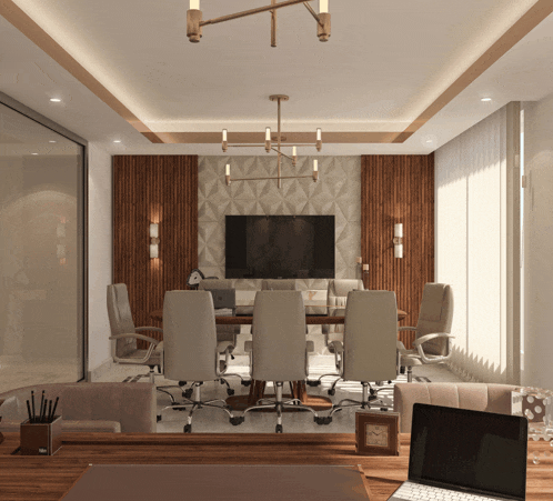 a conference room with a table and chairs and a flat screen tv on the wall