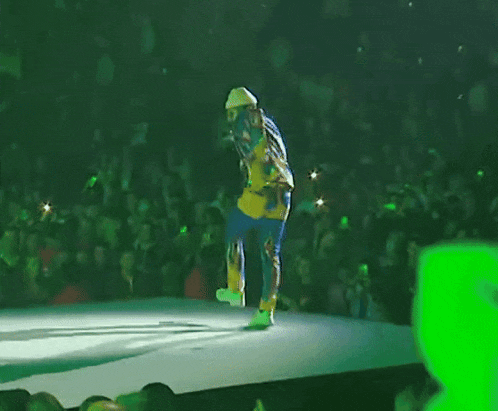 a man in a colorful outfit is standing on a stage in front of a crowd