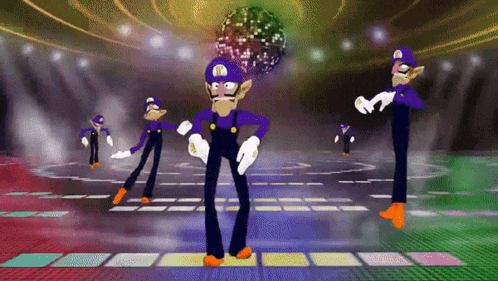 a group of mario characters are dancing on a stage